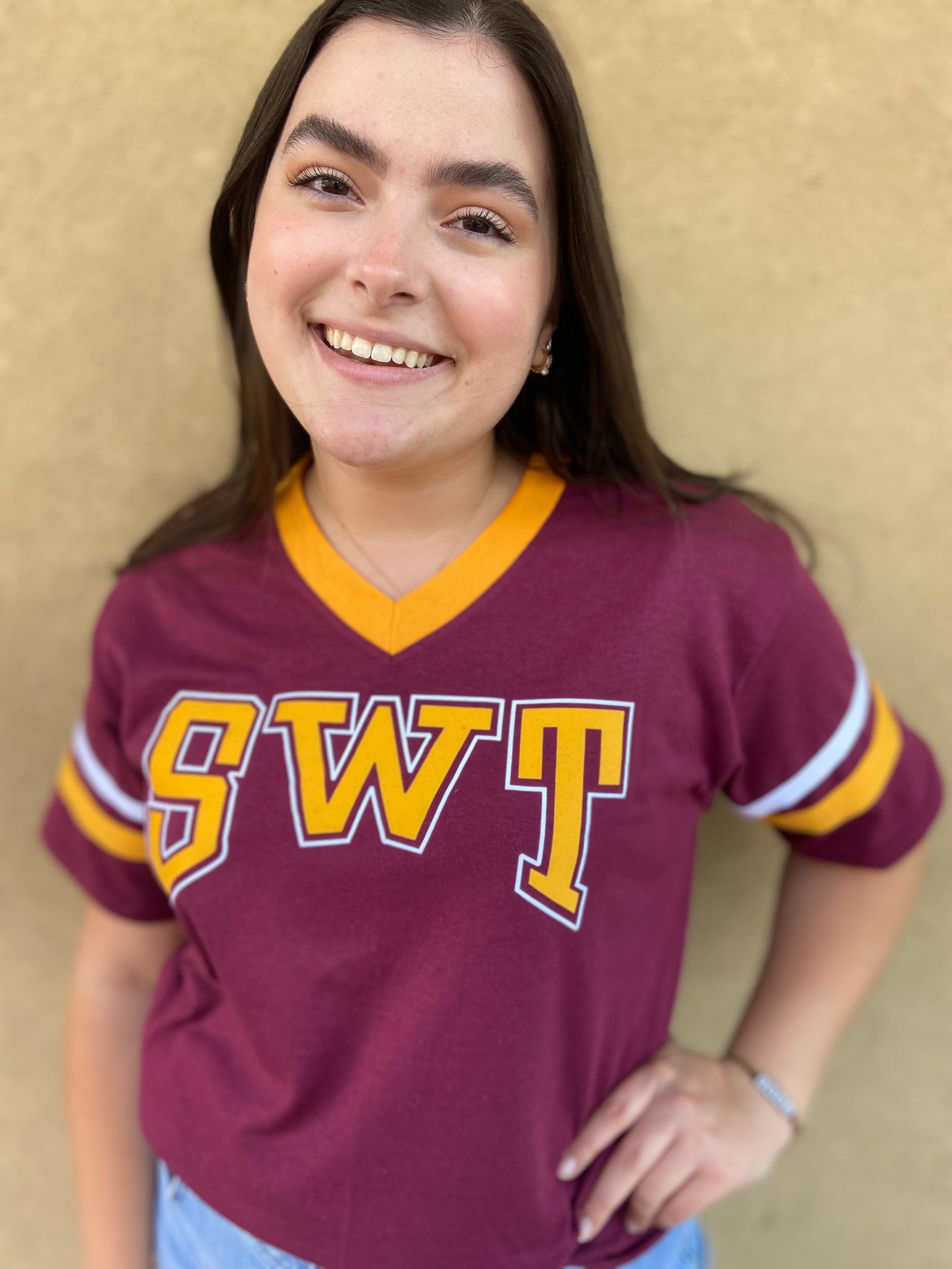 SWT Gold and White Flock on Maroon and Gold Ringer T-shirt