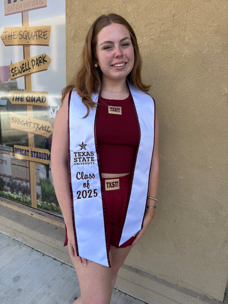 10% OFF!!! 2025 TEXAS STATE WHITE & MAROON GRAD STOLE +2 CUSTOM ITEMS