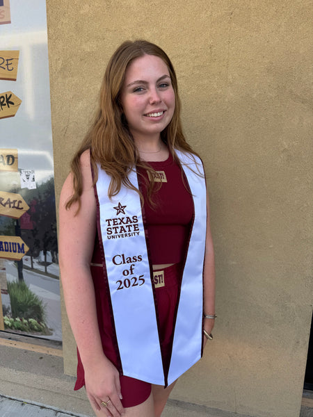 10% OFF!!! 2025 TEXAS STATE WHITE & MAROON GRAD STOLE +1 CUSTOM ITEM