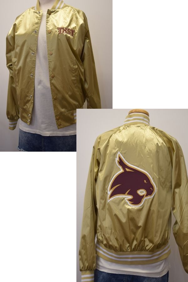 Texas State Gold Satin Throw-Back Baseball Jacket w TXST & Bobcat