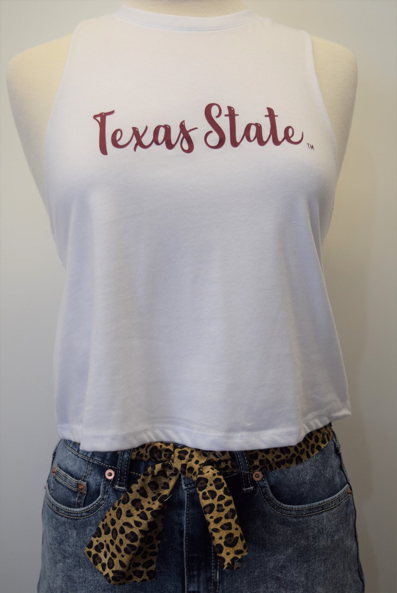 Texas State Cropped T-Back Tank Top with Maroon Script Letters