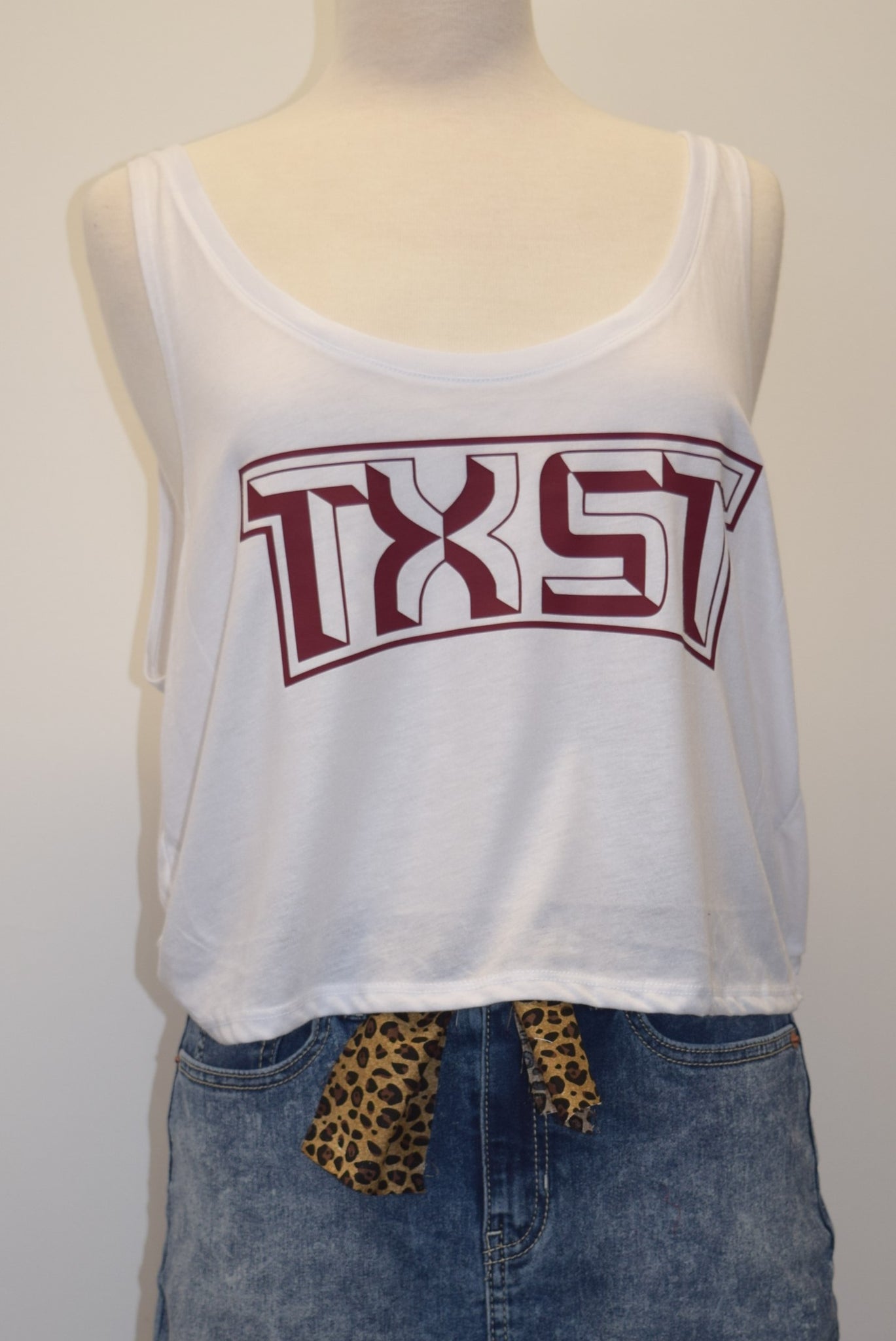 Texas State White Tank w TXST Maroon or Maroon Glitter Vinyl logo