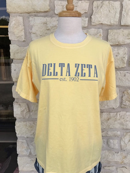 Sorority Butter Comfort Color T-Shirt with Iced Blue Engraved Vinyl Lettering