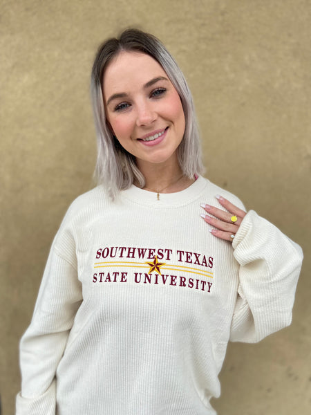 SWT Cream Color Corded Crew Sweater with Southwest Texas State University in Maroon and Gold