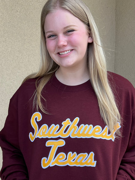 Southwest Texas Maroon Sweatshirt with Gold on White Script Stitch Lettering