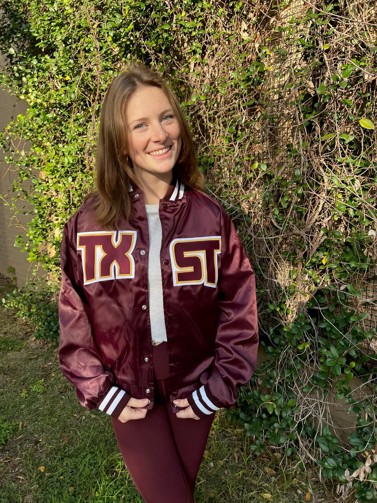 Texas State Maroon Satin Jacket with TXST and Bobcat Stitched