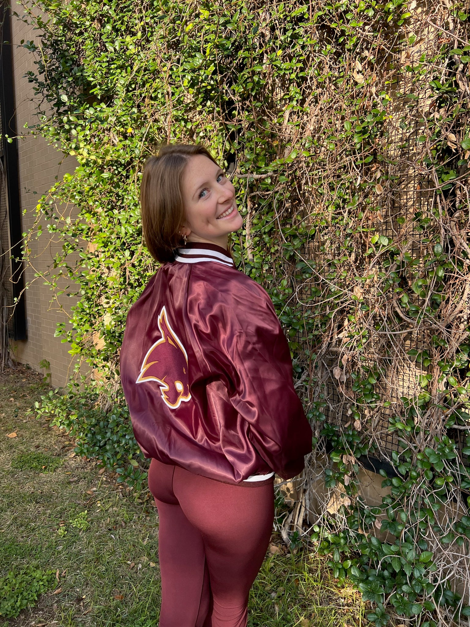 Texas State Maroon Satin Jacket with TXST and Bobcat Stitched