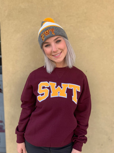 SWT Sweatshirt in Maroon with Gold on White Arched Stitch Letters