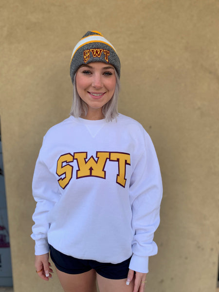 SWT Sweatshirt in White with Gold on Maroon Arched Stitch Letters
