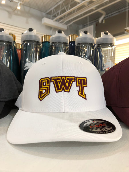SWT in Maroon on Gold Embroidered on White Fitted Hat