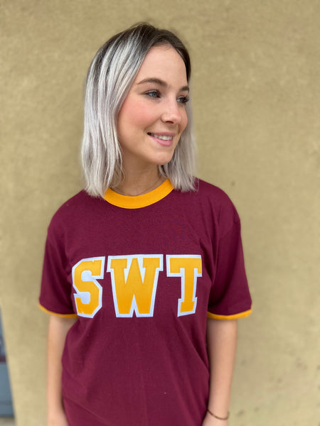 SWT Gold on White Stitch Letters on Maroon and Gold Ringer T-Shirt