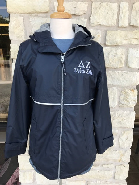Sorority Charles River Rain Jacket in Navy with White Greek Letters and Name in Brody Font