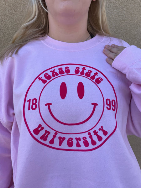 Texas State Light Pink T-shirt/Sweatshirt with Hot Pink Full Front Smiley