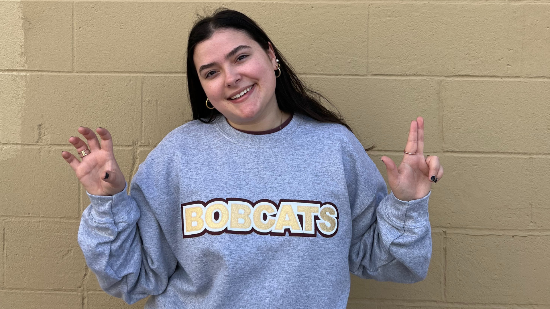 Classic Grey "BOBCATS" Sweatshirt with Block Gold on White on Maroon Stitch Lettering