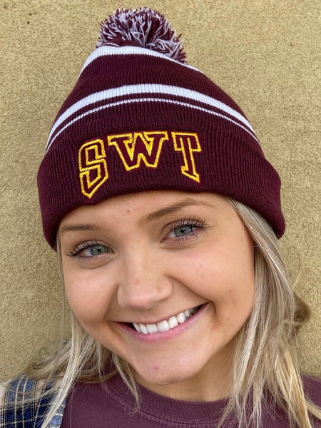 SWT Arched in Maroon and Gold on Striped Beanie