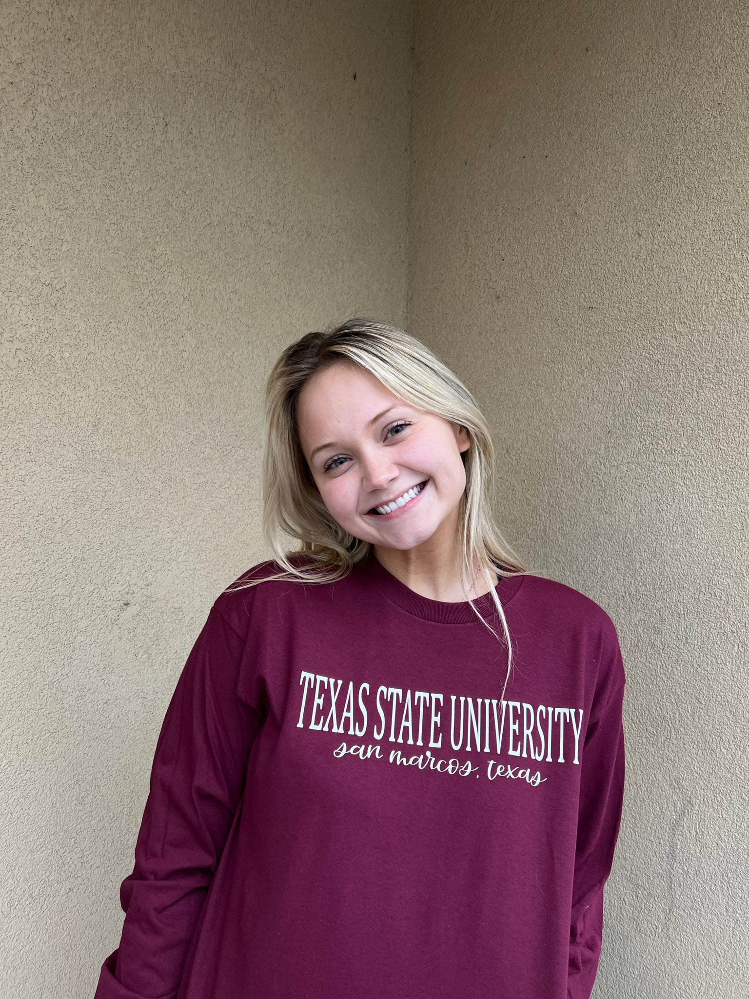 Texas State University Maroon Long Sleeved T-Shirt with Cream Vinyl Lettering
