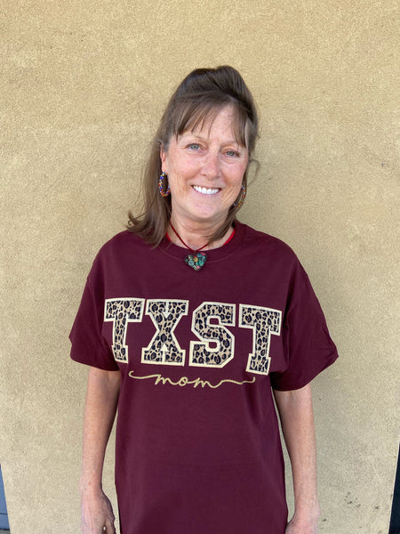 Texas State Mom Maroon T-Shirt w Cheetah and Gold "TXST" Stitch Letters