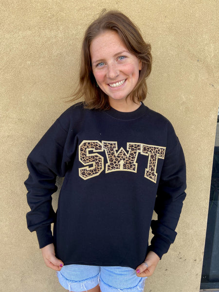 Texas State Cheetah and Gold Arched "SWT" Logo on a Black Sweatshirt